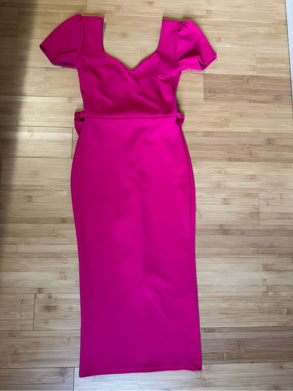 Fitted V-Neck Midi Dress in Hot Pink
